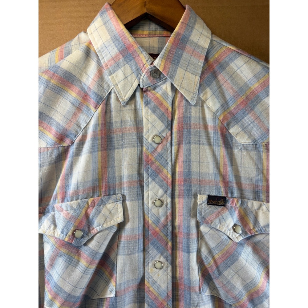 Vintage Wrangler Western Shirt Mens Small Pastel Plaid Pearl Snap Made USA